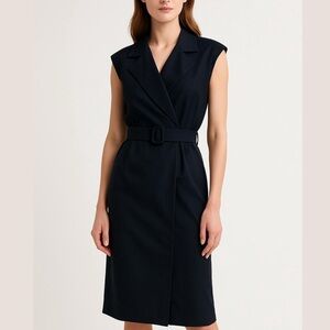 Banana Republic Navy Midi Belted Collared Dress